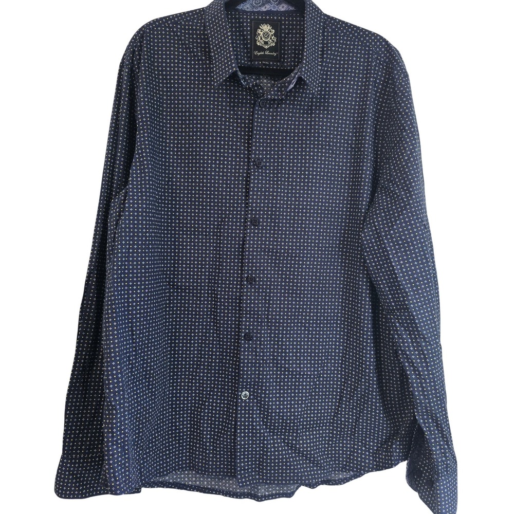 English Laundry Mens 2XL Navy Blue Yellow Micro Print Paisley Trim Button Shirt